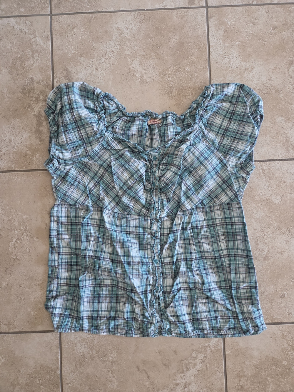 Faded Glory Blue Gray Plaid Button-Front Ruffle Top